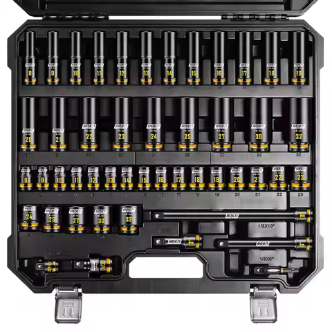 BOEN 48pc 1/2" Drive Metric Impact Socket Set, Deep & Shallow 8-32mm, 6-Pt w/Yellow Marking, Cr-Mo, 