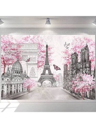 1件巴黎鐵塔背景裝飾掛毯 210*150/150*100/100*75CM粉色古代建築派對橫幅背景布適用於臥室客廳牆壁裝飾生日派對裝飾攝影棚背景裝飾