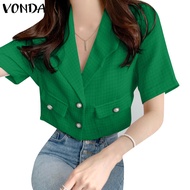 VONDA Women Korean  Short Sleeves Lapel Textural Sense Pockets Blazer