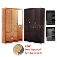 Furniture Living 3 Door Solid Plywood Wardrobe with NEW Soft Close Door with Mirror (Cherry/Walnut/White Wash)