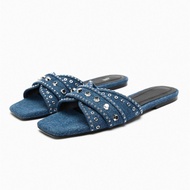 Zara2023 Summer New Style Women's Shoes Blue Denim Shiny Decoration Flat Sandals Open Toe Vacation All-Match Slippers