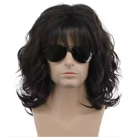 HAIRJOY Synthetic Hair Wig California 70s 80s Rocker Wig Men Women Long Curly Black Halloween Costum