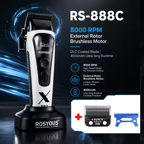 ROSYOUS RS-888C Clippers for Men 8000RPM DLC Blade with Dock External Rotor Brushless Motor Professi