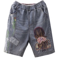 【มีไซส์ใหญ่】Plus Size Womens Knee Length Shorts Casual Elastic Waist Cute Girl Embroidery Vintage Su