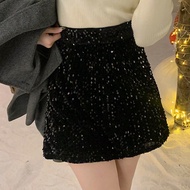 Glitter Decorated Solid Color Sequin Mini Skirt, Glamorous For Christmas Party Occasions,Fall Clothe