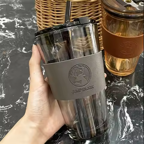 350ml 450ml Creative Christmas Deer Glass Cup With Lid Straw Leather Cover Heat-resistant Coffee Mug
