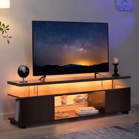 65 Inch Black TV Cabinet, LED Glass Entertainment Center TV Cabinet, Living Room, Home TV Cabinet
