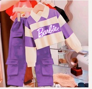 Setelan baju anak perempuan motif cargo berbie strip Baju cewek anak lengan panjang baju kaos anak p