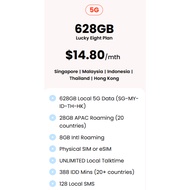 Eight Telecom $14.80  Plan (Lucky Eight) – 628GB 5G Data + 28GB APAC Roaming / Top Up / Recharge / R