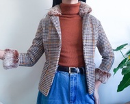 復古 20 世紀 50 年代棕色羊毛千鳥格西裝外套粗花呢西裝外套配毛