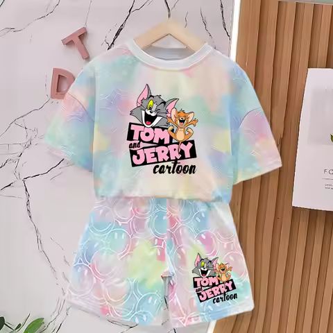 2026 Tom and Jerry T-shirt and Shorts Set Cartoon Anime Pattern Printed T-shirts Unisex Summer Cloth