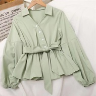 Chiffon shirt women blouse Korean style blouse long sleeve blouse women blause muslimah v-neck waist ruffled lantern sleeves women long sleeves baju muslimah labuh baju blouse wanita