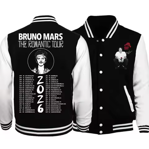 Bruno Mars The Romantic Tour 2026 Baseball Uniform Hoodie Jacket Unisex Harajuku Sweatshirt Fan Gift