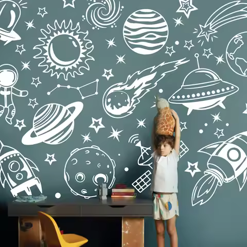 Cartoon Space Universe Astronomy Wall Sticker Decal Boy Kids Playroom Star Sky Rocket Planet Bedroom