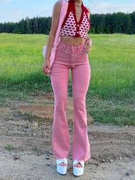 Streetwear Y2k Flared Jeans Women High Waist 90S Fashion Pink Stretch Baggy Mom Jeans Wide Leg Pants