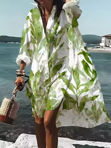 Long Sleeve Shirt Dress Vacation Style Casual Summer Dress Women Flowy Button Down Midi Dress Lightw