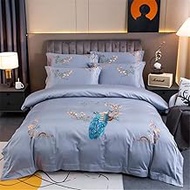 Vintage Long Staple Cotton Soft Bedding Set Chic Peacock Embroidery Duvet Cover Bed Sheet Pillow Shams (Color : A, Size : Queen size 4Pcs) vision