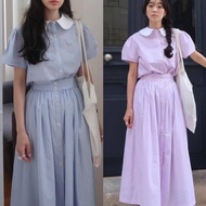 Y815 Miss M Fashion Button Down Polo Neck Top & Skirt Stripe 2 in 1 Coords Terno