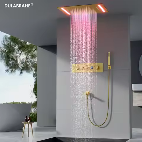 Brushed Gold LED Music Hidden Shower Set Brass Bathroom Ceiling Shower System Digital Shower Head Ra