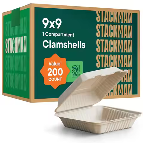 200-Count 9x9" Compostable Clamshell Food Containers, Biodegradable Sugarcane Fiber Takeout Boxes