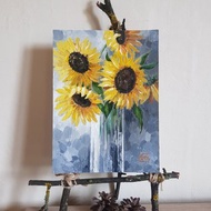 Cute Still life with sunflowers artwork hand painted Oil painting on Cardboard