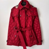 ::BURBERRY:: 紅色絎縫經典格紋 風衣連帽外套 XS號