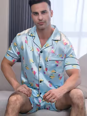 Two piece sets for men's pajamas summer short sleeved shorts peach heart balloon pattern printed hom