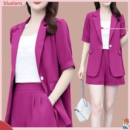 [BLS]2 Piece Women Casual Outfit Lapel Short Sleeve Blazer Shorts Solid Color OL Style Single Button Blazer Shorts Set Elegant Office Suit