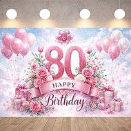Happy 80th Birthday Pink Floral Balloon Polyester Waterproof Banner Backdrop Rose Gift Box Sky Cloud