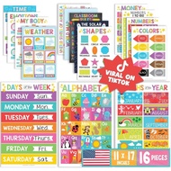 16 Educational Posters for Classroom & Kindergarten - Laminated PreK Learning Charts - ABC Alphabet,