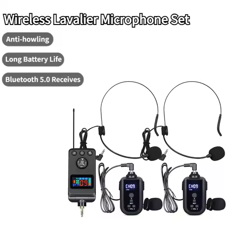 Dual Wireless Microphone System Headset Mic/Lavalier Lapel Mic with Rechargeable Bodypack Transmitte