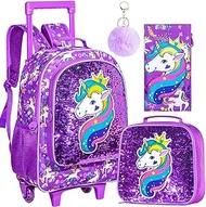 3PCS Kids Rolling Backpack, Boys Girls Roller Wheels Bookbag, Wheeled School Bag with Lunch Bag