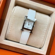 HERMES銀色錶框拼白牛皮錶帶Heure H小型25mm腕錶