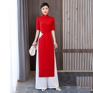 สีแดง Qipao 2 ชิ้นชุดเวียดนามธง Qipao กางเกงและชุดผู้หญิงสไตล์จีนเต้นรําแสดงเครื่องแต่งกายประสิทธิภา