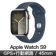 Apple Watch S9 GPS LTE 45mm 銀不鏽鋼風暴藍運動錶帶-M/L MRMP3TA/A