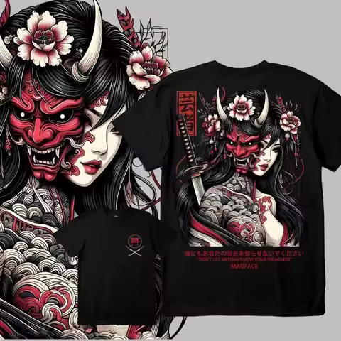Edgy Japanese Oni Geisha Tattoo Tee with Samurai Sword and Red Floral Print 100% Cotton Men's T-shir