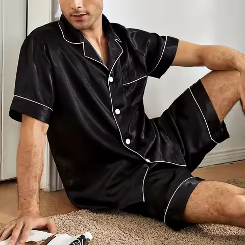 Men's pajamas set for summer short sleeve pocket button down shirt & Shorts Pyjama loungewear set sl