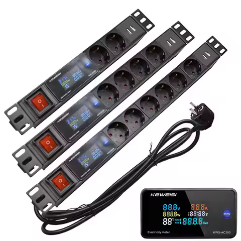 PDU Power strip 2USB Port 2/3/4/5/6/7Ways EU Socket Digital Voltmeter Ammeter Wattmeter Network Cabi