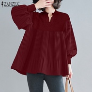 ZANZEA สไตล์เกาหลีของผู้หญิงเสื้อยืดคอกลมที่สง่างามเสื้อผู้หญิงแขนยาวที่มีพู่ประดับแต่งจีบแฟชั่นเสื้