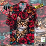 Hawaiian Shirt Red Flower Cat A1474 Genuine Italian Silk