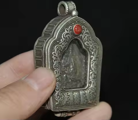 Tibetan Silver 2" Guru Rinpoche Padmasambhava Buddha Thang-ga Pendant Old Tibet Religious Artwork Je