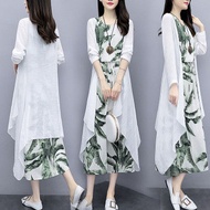 JS Women's Clothing Medium - long print dress art cotton linen two - piece match Plus Size Dress Lab