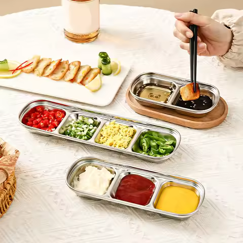WORTHBUY 2/3/4 Grids 304 Stainless Steel Dipping Plate Divided Sauce Plate Barbecue Seasoning Dish K