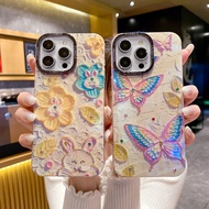 เคสโทรศัพท์กันกระแทกลายการ์ตูนน่ารักรูปกระต่ายผีเสื้อดอกไม้สีสันสดใสสำหรับ iPhone 14และ11 Pro Max 14pro 14Plus เคส11pro ลายกระต่ายน่ารักพร้อมฟิล์มป้องกันเลนส์เพชรแบบ DIY