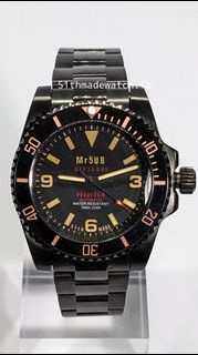 Mr5UB 訂製 Seiko 精工 MOD 機械錶 NH38A PVD 黑鋼 369 雙紅 double red Neptunus 海王 海神 Prodiver 單卜 黑水鬼 黑色淺橙字 (Ref. 