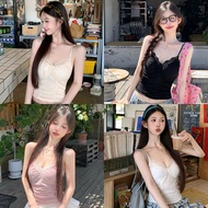 S.F Spaghetti Strap Top With Foam Pads Lace Decoration Tight-Fitting Soft And Stretchy Fabric Korean