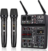 Professional Audio Mixer With Dual Wireless Microphone, Sound Board Console System Interface 4 Chann