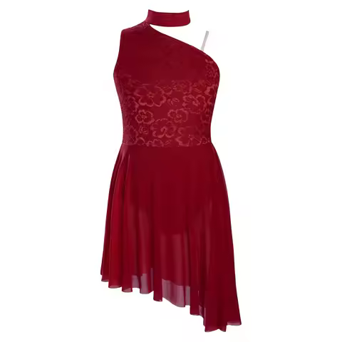 Kids Girls Ballet Dance Dress Sleeveless One Shoulder Asymmetrical Hem Lace Dress for Modern Contemp