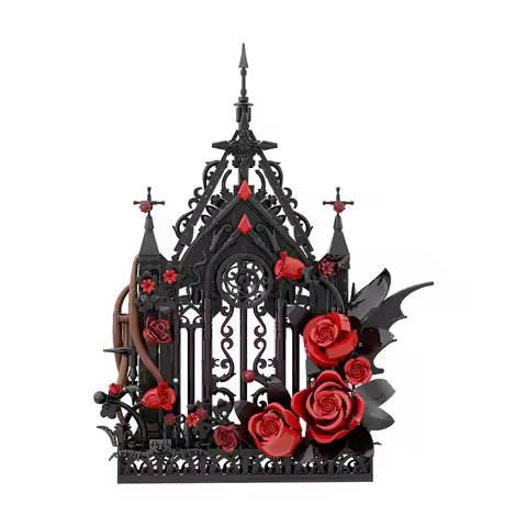 Gothic Windows Building Blocks Kit Black Pointed Arch Windows Rose Bouquet Creative Home Decor Brick
