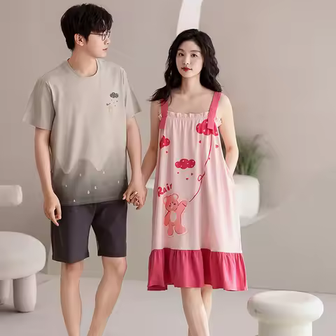 Newest Lover Pajama Set Summer 100% Cotton Nightwear Women Suspender Nightgown Couple Loungewear
